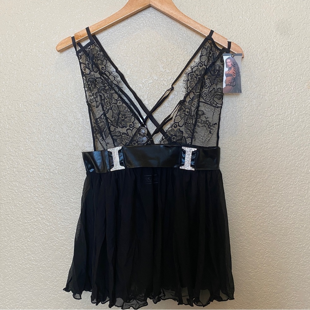 The Escante Collection babydoll lingerie black sheer NWT rhinestone thong‎